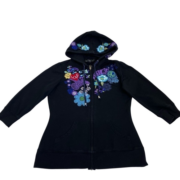 INC Y2K Ed Hardy Style Peace & Love Hippie Floral Embroidery Hoodie Black S - Picture 8 of 16